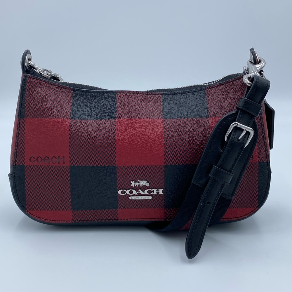 Coach Buffalo Check Print Jess Baguette C6818 Red Shoulder Pochette